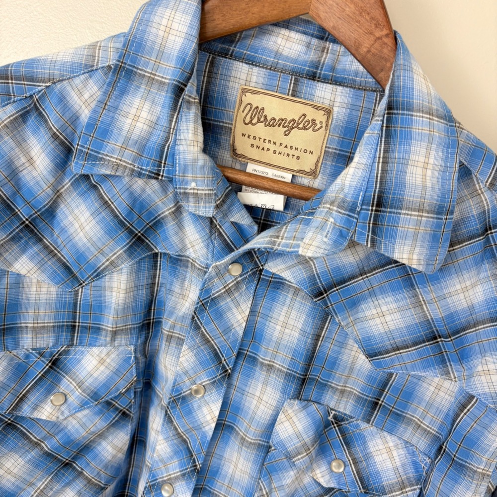 Wrangler Western Snap Shirt Mens XL Blue Plaid Long Sleeve Pearl Snap Cowboy